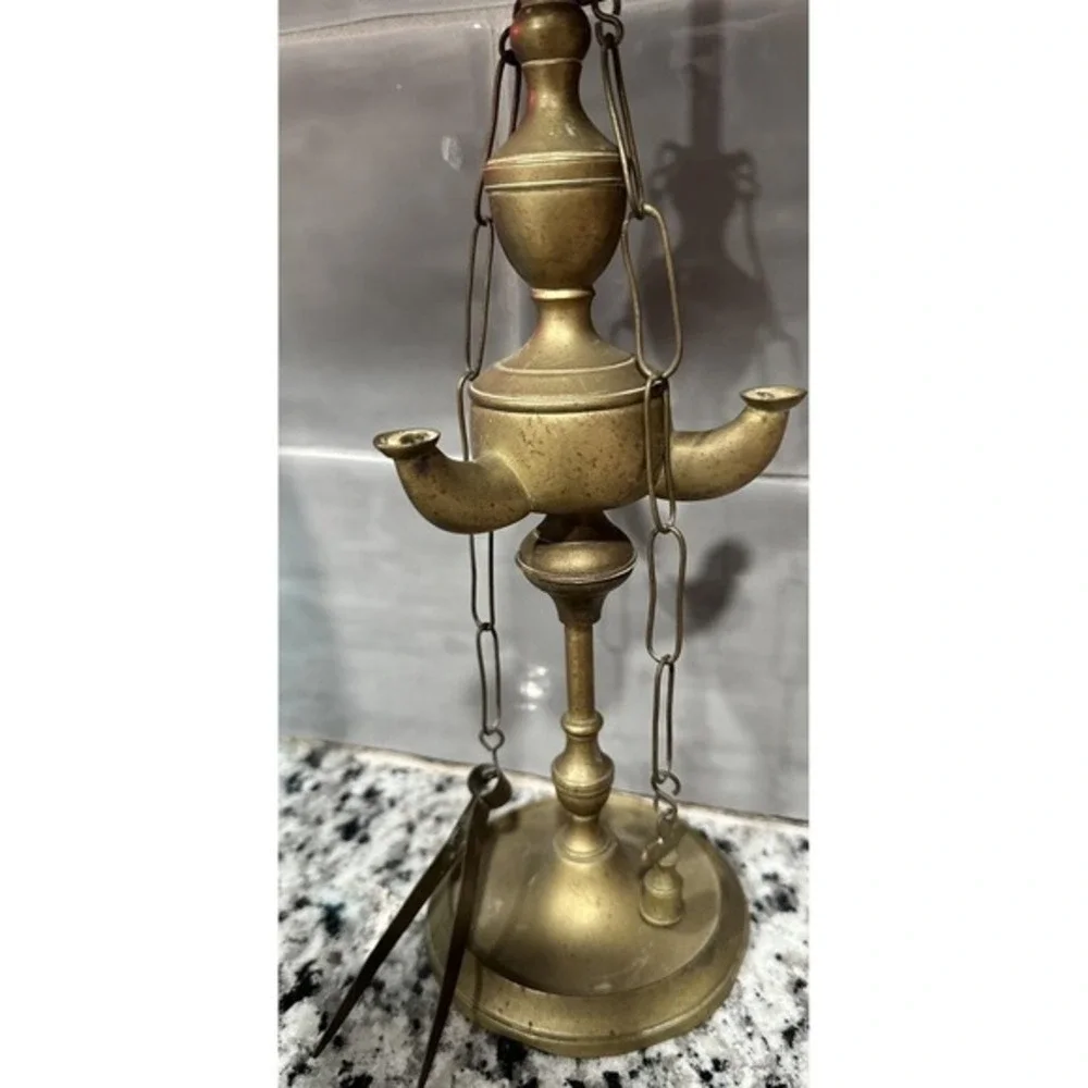 Vintage Brass Lucerna Oil Lamp 3 Wick Italian Style‎ with Hanging Tools 19 Inch